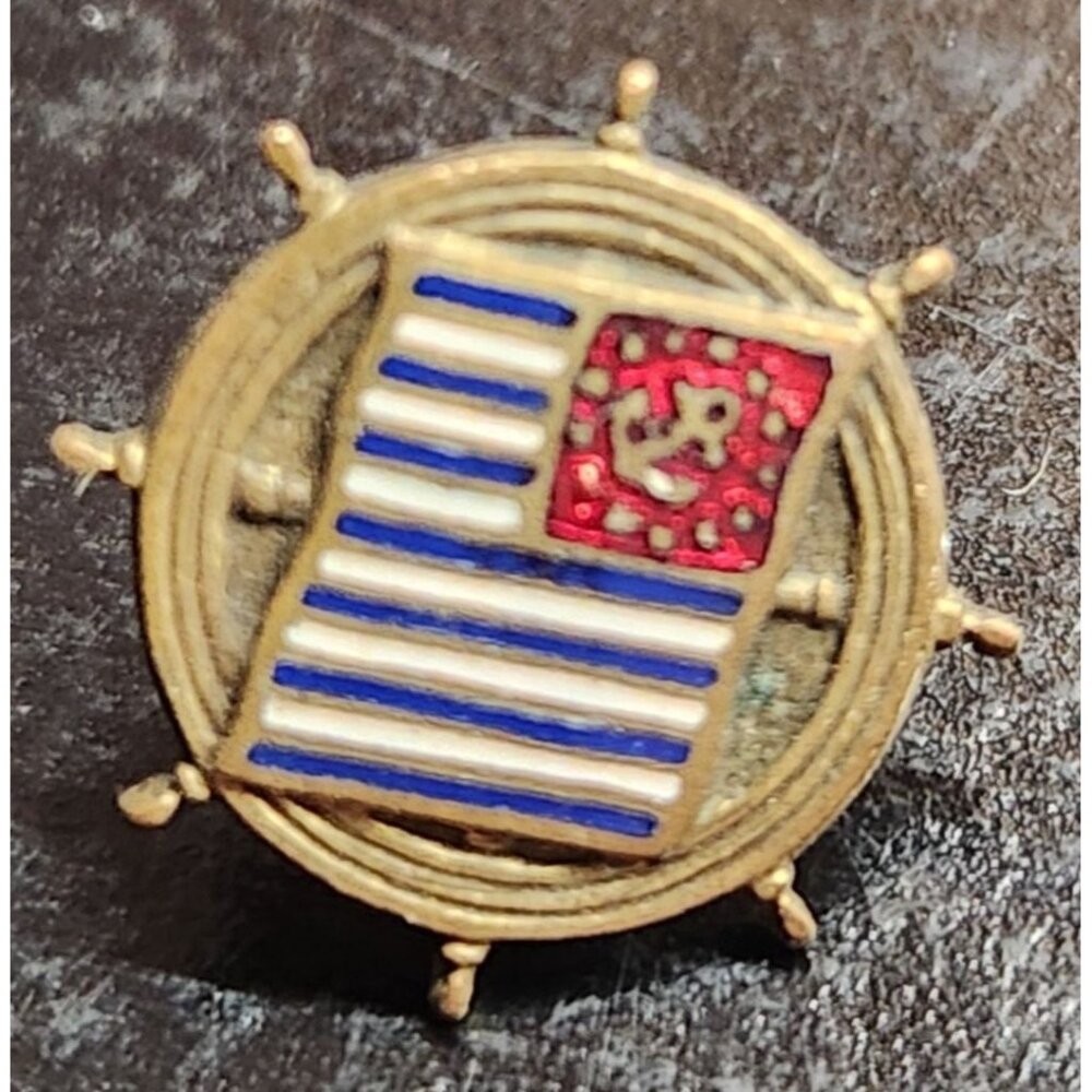 Vintage Nautical Lapel Pin With Flag & Ship Wheel Design - Anchor Boating‎